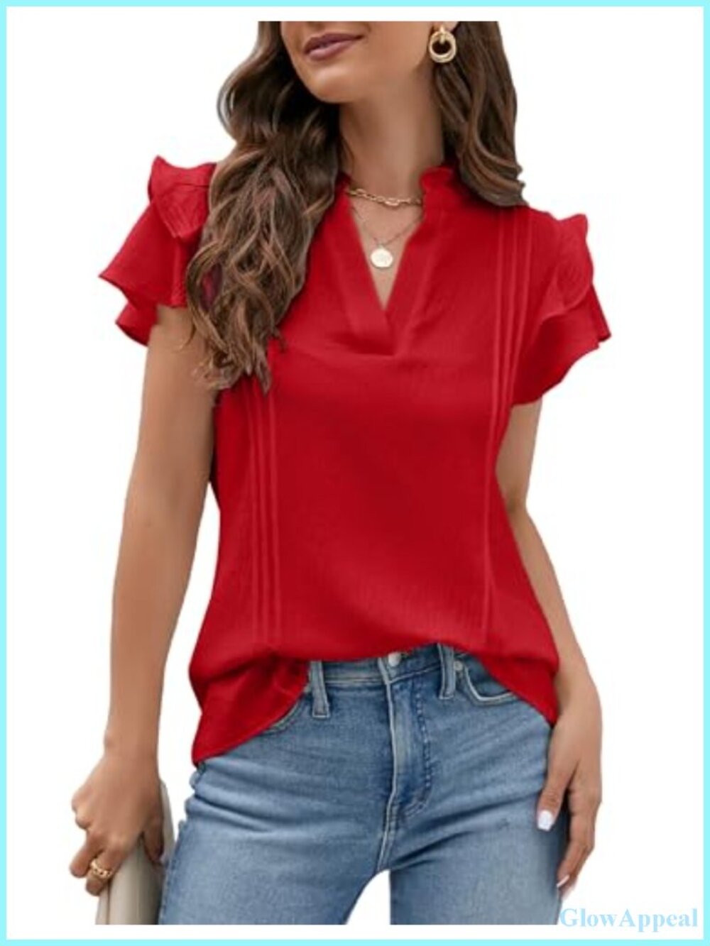 Women V Neck Ruffle Short Sleeve Blouse Flutter Sleeve Dressy Top
